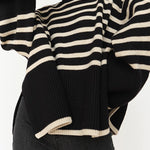 Long Sleeves Loose Contrast Color Split-Joint Split-Side Striped High Neck Sweater Tops