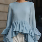 Elegant Sky Blue Peplum Blouse With Tiered Ruffle Hem And Flared Sleeves