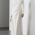 High Waisted Long Sleeves Gauze Pleated Solid Color Split-Joint Round-Neck Maxi Dresses