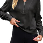 Waffle zipper V-neck pullover long-sleeved sweater