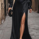 Sleek Black Satin One-Shoulder Maxi Dress