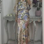 Satin Floral Print V-neck Half-sleeve Loose Top and Elegant Maxi Skirt Set