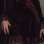 Polyester Velvet Lace Trim Mini Dress - Burgundy