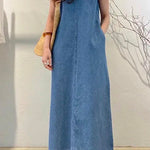 Margovil Crewneck Sleeveless Pockets Maxi Denim Dress