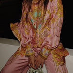 Margovil Unique Print Lantern Long Sleeves Blouse Shirt and Wide Leg Pants Holiday Outfit Set