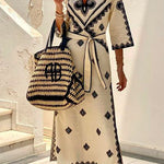 Margovil V Neck Tie Waist Side Split Bohemia Printed Maxi Dress