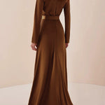 Long Sleeves Loose Pleated Shiny Solid Color Split-Joint Tied Waist High Neck Evening Dresses Maxi Dresses