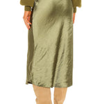 Olive Green Satin Midi Skirt with Side Slit