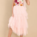 Midnight Garden Embroidered Floral Applique One Shoulder Tiered Tulle Midi Dress