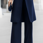 Navy Mandarin Collar Longline Blazer & Wide-Leg Pants Co-Ord Set