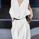 Loose Sleeveless Pleated Split-Joint V-Neck Blouses&Shirts Tops