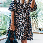 Black Leopard Lantern Sleeve Button Up Mini Dress