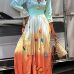 Gigi Unique Pattern Gradient Print Smocked Elastic Waist Fringed Maxi Dress