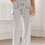 Washed denim multi-pocket non-stretch overalls