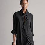 Women's Black Satin Shirt Dress With Tie-Neck Detail & Asymmetric Hem, Timeless Sleek-Casual Style Dress