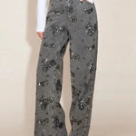 Jhenie Denim Beaded Sequin Floral Pattern Mid Rise Pocket Wide Leg Jeans