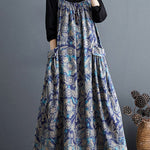 Artistic Retro Ramie Cotton Loose 3 Colors Floral Printed Square-Neck Sleeveless Strap Dress
