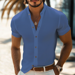 Men's Summer Basic Stand Collar Textured Short Sleeve Shirt