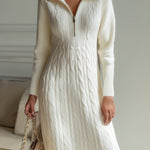 Elegant Zip-Front Knitted Sweater Dress In Ivory