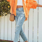 Stylish Lapel Long Sleeve Ripped Denim Jacket