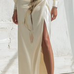 Long Sleeves Flower Print Pleated Split-Side Round-Neck Maxi Dresses