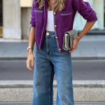 Retro Purple Chanel Style Metal Chain Knitted Cardigan