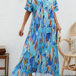 Elegant V-Neck Printed High Waist Loose Swing Dress