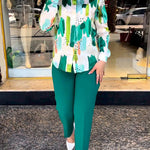 Long Sleeves Buttoned Printed Lapel Blouses Top + High Waisted Pants Bottom Two Pieces Set
