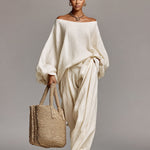 Women's Ivory Linen Set With Off-the-Shoulder Top & Wide-Leg Pants, Timeless Boho-Casual Style Set
