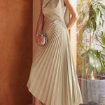 High Waisted Sleeveless Asymmetric Pleated Solid Color Mock Neck Maxi Dresses