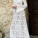 Island Break Crochet Flower Pattern Long Sleeve Backless Vacation Maxi Dress
