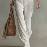 Vintage Pleated Chiffon Straight-leg Jumpsuit With Ruffled Trim