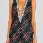 Elegant Demeanor Satin Gemstone Trim Deep V-Neck Tank H-line Mini Dress