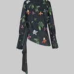Long Sleeves Loose Asymmetric Flower Print Split-Joint Lapel Blouses&Shirts Tops