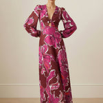 Elasticated Waist Long Sleeves Contrast Color Flower Print Hollow Split-Joint Twist Deep V-Neck Maxi Dresses