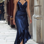 Navy Satin Halter Draped Maxi Dress With Ruffle Detail