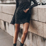 Flash Focus Sequin Extra Long Slit Sleeves Open Back Mini Dresss