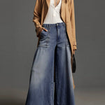 Wide Leg Buttoned Pockets Solid Color Split-Joint Zipper Jean Pants Bottoms Trousers