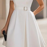 Short Sleeves Belted Buttoned Solid Color Stand Collar Mini Dresses