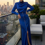 Split-Joint Heaps Collar Long Sleeves Pleated Blouses&Shirts Tops + Elasticated Waist Asymmetric Buttoned  Contrast Color Split-Side Zipper Skirts Bottoms Two Pieces Set