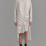 High-Low Long Sleeves Buttoned Drawstring Pleated Pockets Solid Color Lapel Midi Dresses