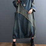 Original Loose Denim Contrast Color Round-Neck Long Sleeves Midi Dress