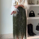 Party Crasher Layered Sequined Tassels High Rise Back Zipper Midi Skirt