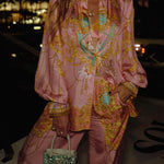 Margovil Unique Print Lantern Long Sleeves Blouse Shirt and Wide Leg Pants Holiday Outfit Set