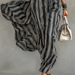 Women's Chiffon Striped Printed Lapel Short-sleeved Belted Maxi Dress