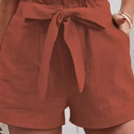 Casual Loose Solid Color Elastic Waist Tie Shorts