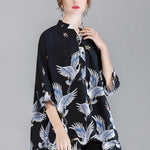 Original Crane Printed Buttoned Stand Collar Half Sleeves Blouse