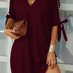 Solid color strapless V-neck beaded short-sleeved loose dress