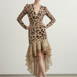 Bodycon High-Low Contrast Color Leopard Ruffled Split-Joint Deep V-Neck Midi Dresses