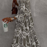 Loose Three-Quarter Sleeves Falbala Printed V-Neck Midi Dresses